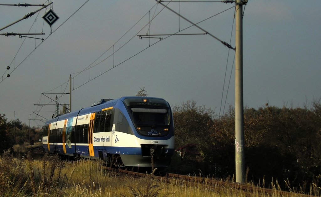 Der OLA VT 0001 bei der Einfahrt in Neubrandenburg am 25.10.2011