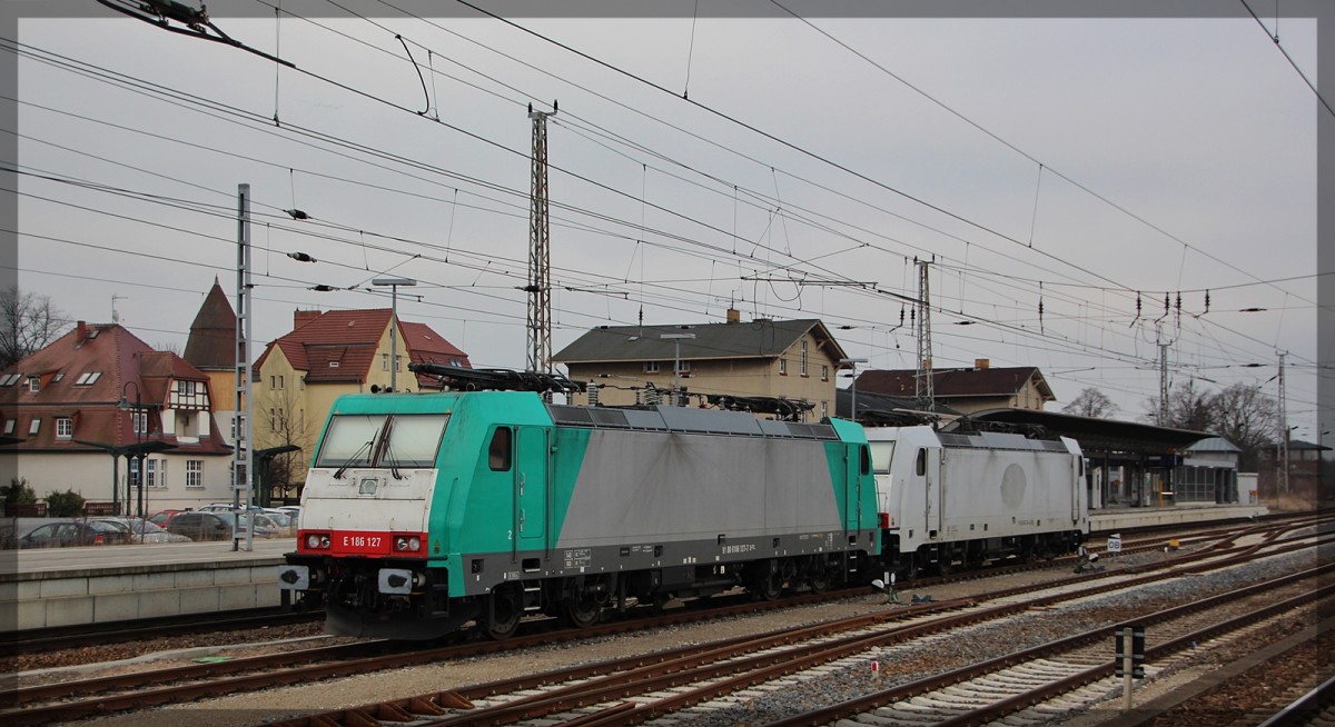 186 127 und 186 138 der Captrain/ITL abgestellt in Angermünde am 12.03.2016