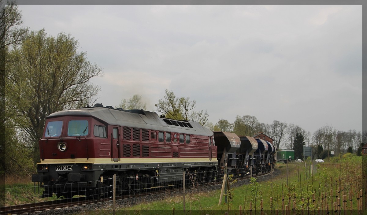231 012 der WFL in Klein Plasten schiebt hier ihren Zug in Kargow am 26.04.2015