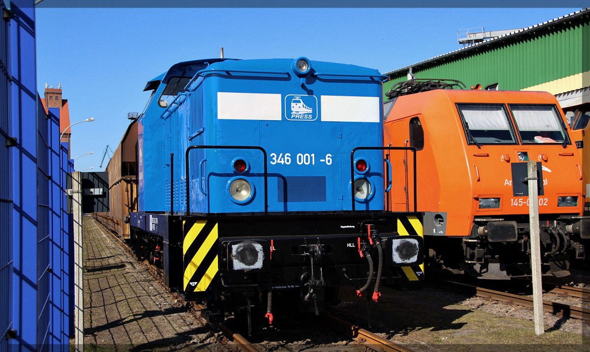 345 207 (346 001) der Press abgestellt in Stralsund (Hafen) am 17.03.2016