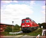 233 127 mit einem Schotterzug aus Pasewalk in Neubrandenburg